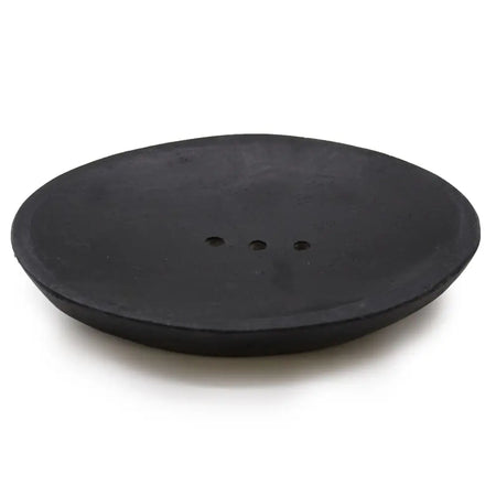 Black circular soap dish with three drainage holes made of oval black marble for bathroom use