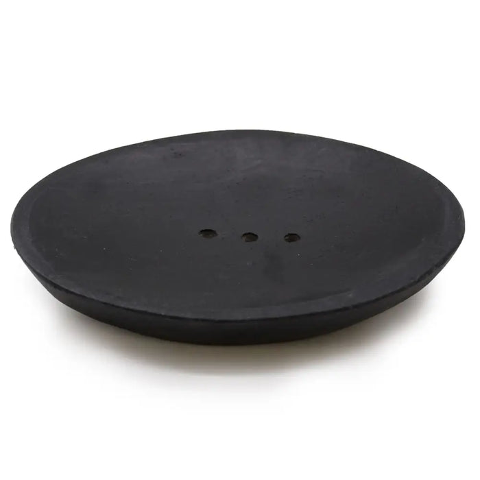 Black circular soap dish with three drainage holes made of oval black marble for bathroom use