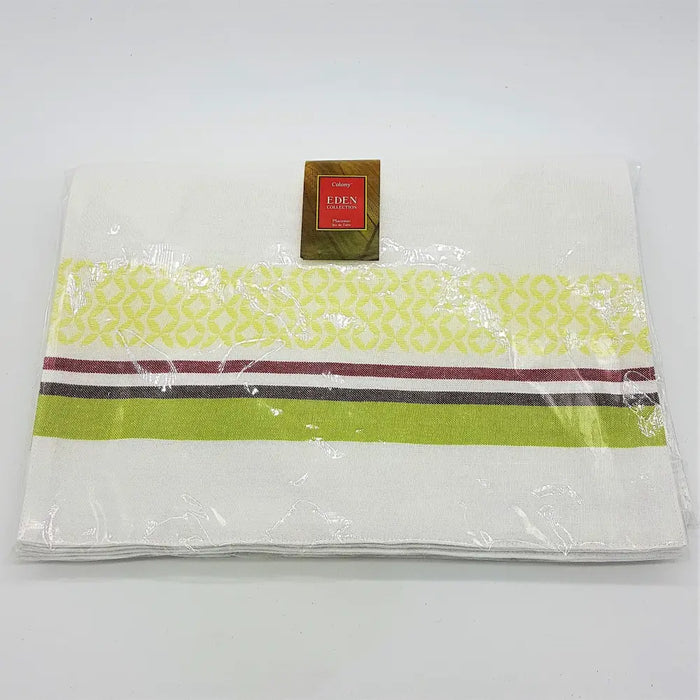 Pack of 4 outdoor placemats from eden collection white linen with lime green and maroon stripes and patterned band