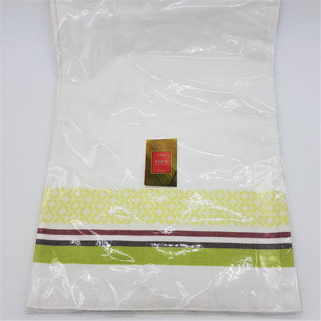 Pack of 4 outdoor placemats with white linen towels featuring lime green and burgundy striped geometric borders