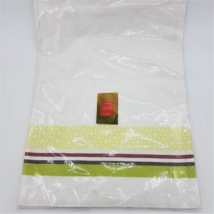 Pack of 4 outdoor placemats with white linen towels featuring lime green and burgundy striped geometric borders