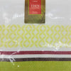 Pack of 4 outdoor placemats with white base, lime green geometric pattern, and maroon, white, black, olive stripes
