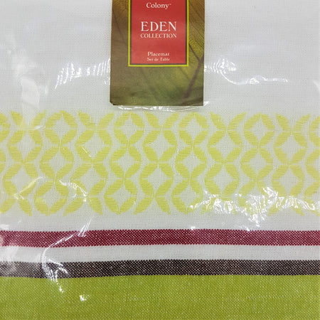 Pack of 4 outdoor placemats with white base, lime green geometric pattern, and maroon, white, black, olive stripes