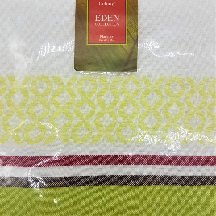 Pack of 4 outdoor placemats with white base, lime green geometric pattern, and maroon, white, black, olive stripes