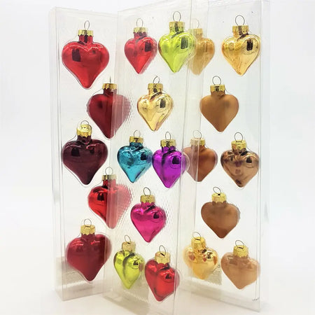 Pack of shiny heart-shaped mini baubles in red gold green blue purple and bronze with metallic caps