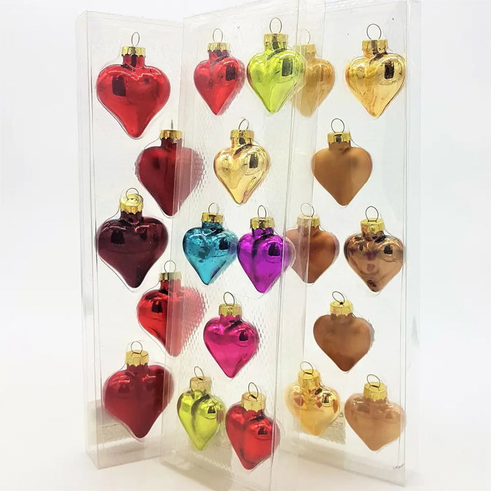 Pack of shiny heart-shaped mini baubles in red gold green blue purple and bronze with metallic caps