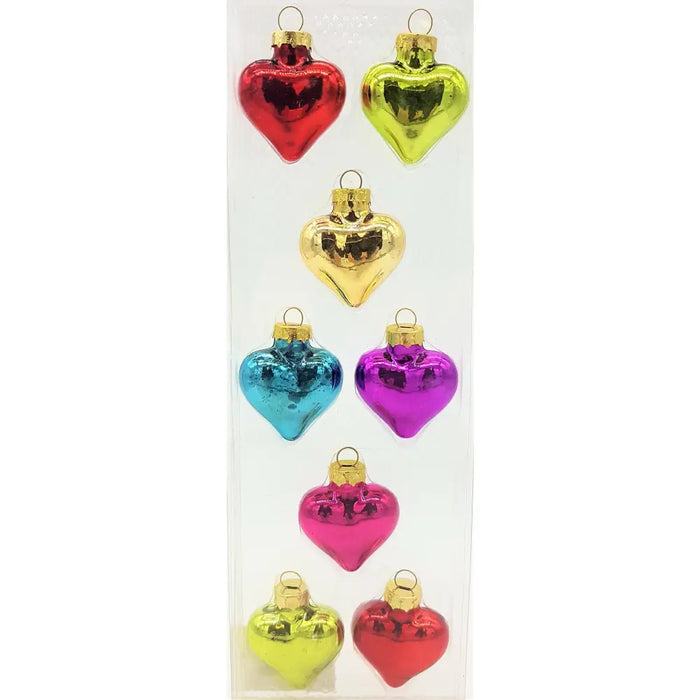 Pack of shiny heart-shaped glass baubles in red yellow gold blue purple and pink with metallic gold caps