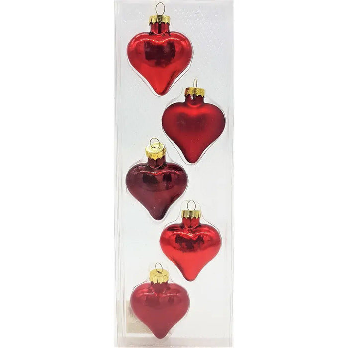 Pack of shiny red heart glass baubles with gold caps for decoration in three color choices