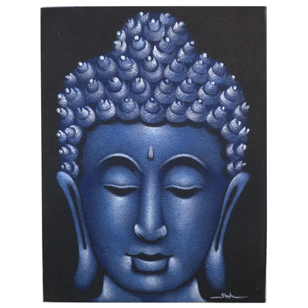 Painted canvas blue buddha face with textured metallic hair and sand finish on a dark background
