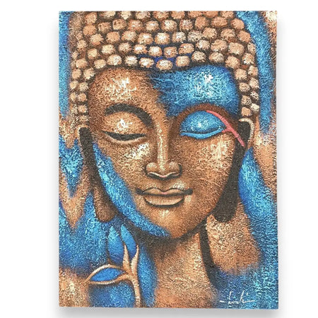 Textured canvas painting of a serene buddha face with bronze skin blue flower accents and intricate bead headpiece details