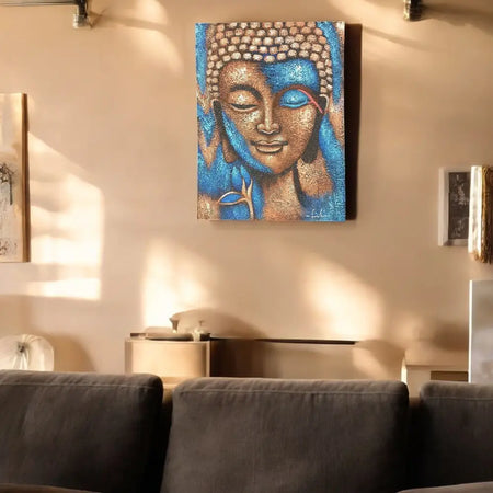 Painted canvas buddha portrait in blue and gold with bronze and blue flower dotwork detailing