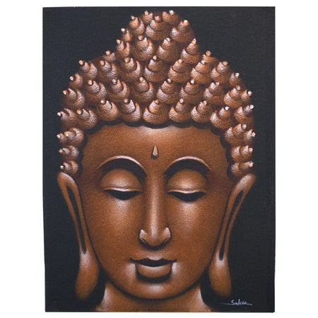 Bronze buddha head painting with textured hair and serene expression on sand finish canvas against dark background