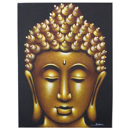 Golden buddha head painted on canvas with textured ushnisha and serene face in a sand finish texture