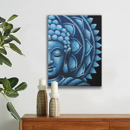 Blue half buddha face canvas with mandala and brocade textured detail on black background artwork