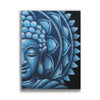 Blue buddha face painting on canvas featuring half mandala design with brocade details in blue tones