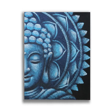 Blue buddha face painting on canvas featuring half mandala design with brocade details in blue tones