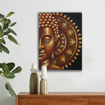 Golden buddha head canvas painting with lotus and spiky halo design on dark background with brocade detail
