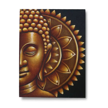 Painted canvas showing half golden buddha face with mandala lotus and spiky halo brocade detail design