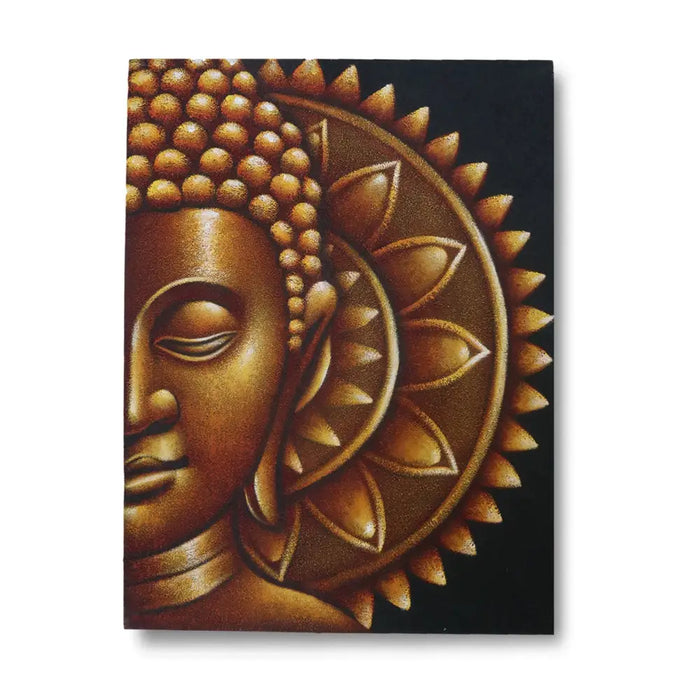 Painted canvas showing half golden buddha face with mandala lotus and spiky halo brocade detail design