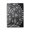 Black and white textured buddha head canvas art with mandala and brocade detail in grey tones