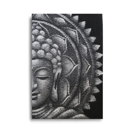 Black and white textured buddha head canvas art with mandala and brocade detail in grey tones