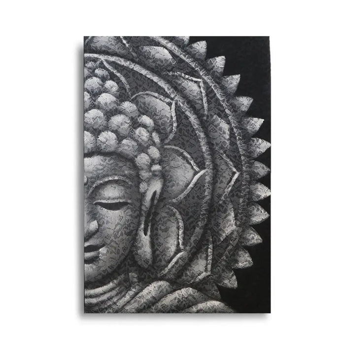 Black and white textured buddha head canvas art with mandala and brocade detail in grey tones