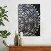 Black and white canvas print of half buddha face with mandala and brocade detail showing textured grey patterns