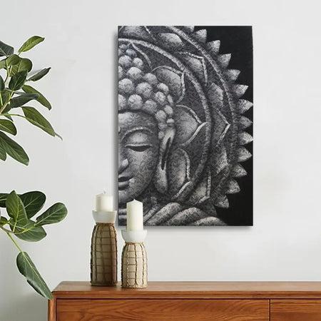 Black and white canvas print of half buddha face with mandala and brocade detail showing textured grey patterns