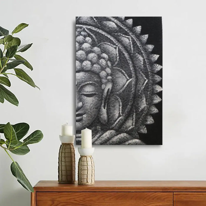 Black and white canvas print of half buddha face with mandala and brocade detail showing textured grey patterns