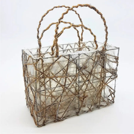 A pair of wirework baskets with transparent glass, brown twine handles, and silver wire mesh for plants or christmas decor
