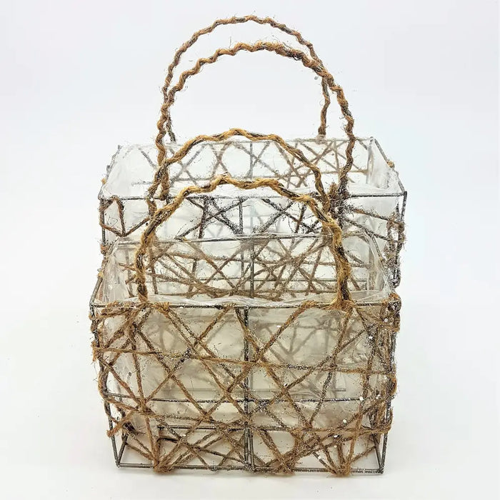 A rustic two-tiered wire basket with silver metal frame and natural twine for plants or Christmas decorations