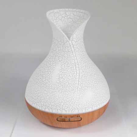White crackle-glazed ceramic palma atomiser diffuser with wooden base usb colour change timer control panel