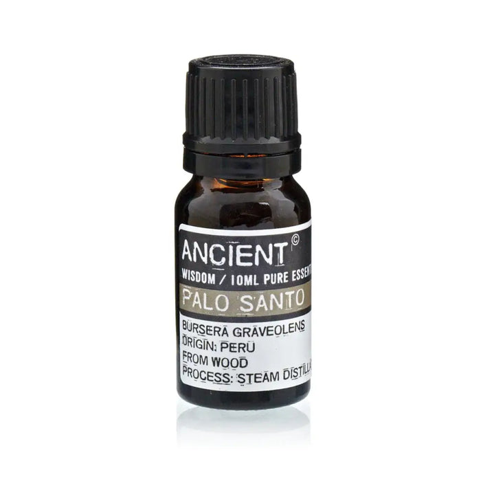 A small amber glass bottle with black cap labeled ancient palo santo essential oil bursera graveolens 10ml