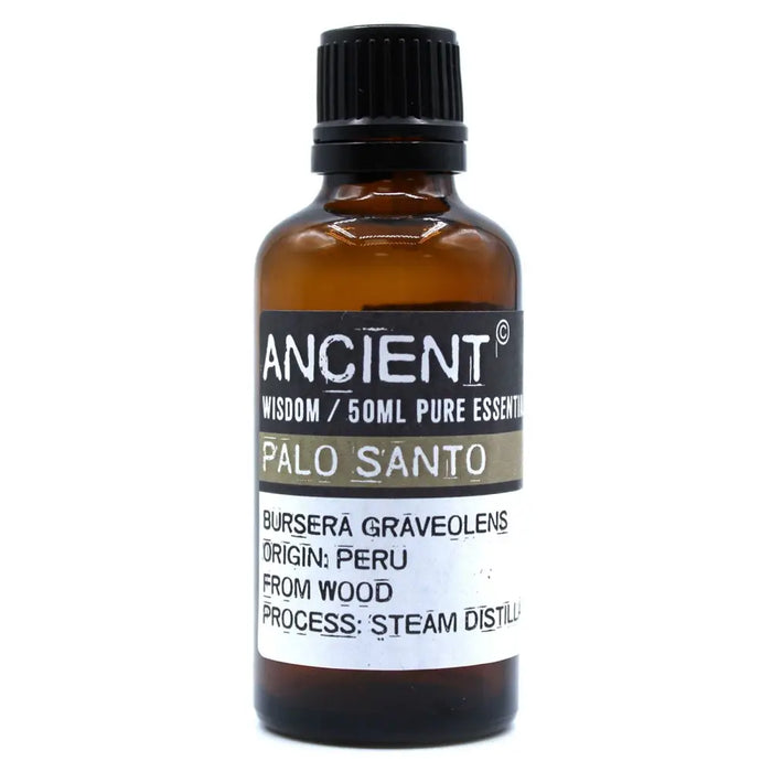 A 50ml amber glass bottle of palo santo essential oil with a black cap labeled peru origin bursera graveolens