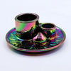Iridescent ceramic palo santo sticks smudge holder with three compartments and a metallic rainbow leaf-patterned base