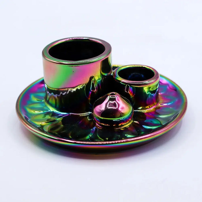 Iridescent ceramic palo santo sticks smudge holder with three compartments and a metallic rainbow leaf-patterned base