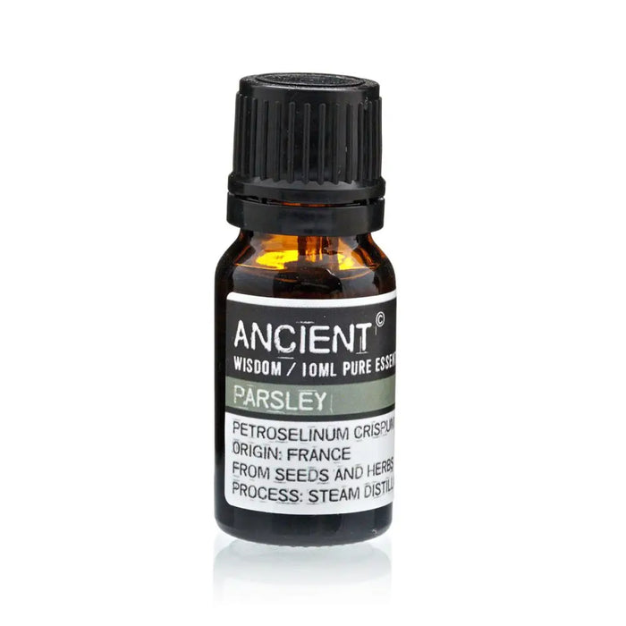 A small amber glass bottle of ancient parsley essential oil 10ml with black cap used to kill microbes and unwanted substances