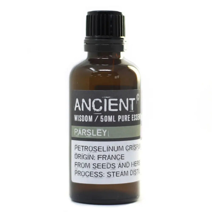 A 50ml amber glass bottle of parsley essential oil with black cap, french origin, steam distillation, kills microbes, allergen declarations