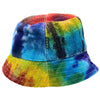 A vibrant rainbow tie-dye cotton boho festival bucket hat with patched hemp fabric and a small green hema tag on the side