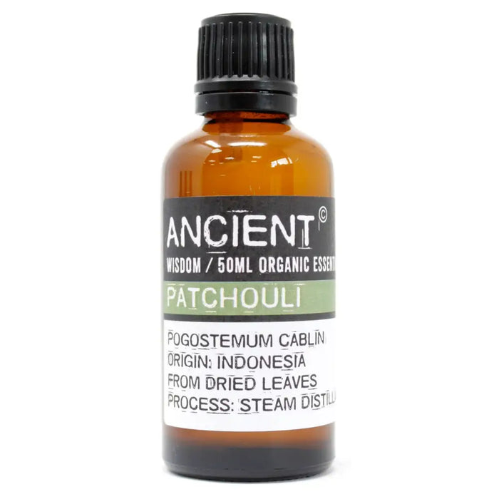A 50ml amber glass bottle of patchouli oil pogostemon cablin with black cap from steam distillation in indonesia