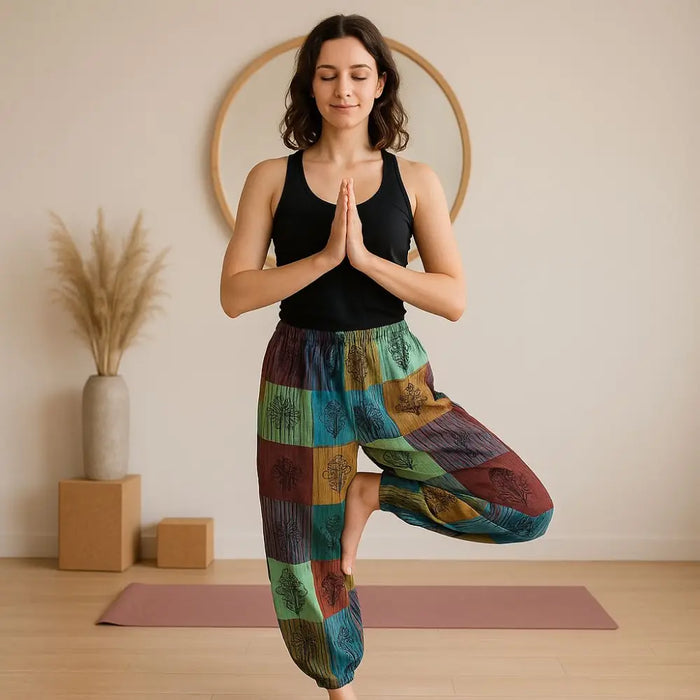 Colorful patchwork harem pants with green tree and mushroom motifs in soft cotton fabric for casual wear size s m