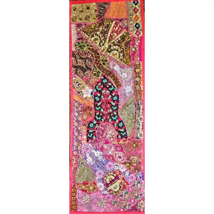 Vibrant pink and gold embroidered patchwork wall hanging with floral and geometric patterns for walls or tables