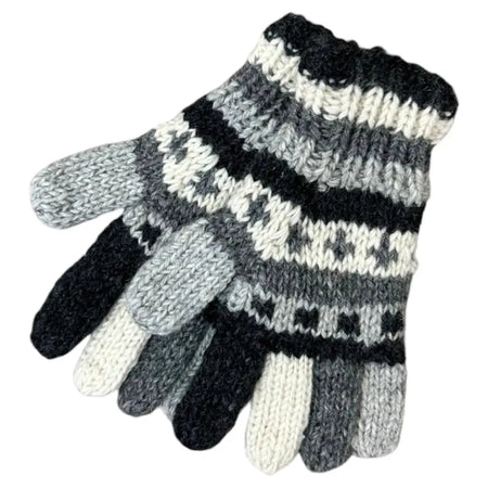 Patterned 100% wool gloves with fleece lining in black gray and cream stripes with fair trade geometric design