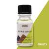 A clear glass bottle with black cap containing light yellow pear drop fragrance oil with allergen declarations