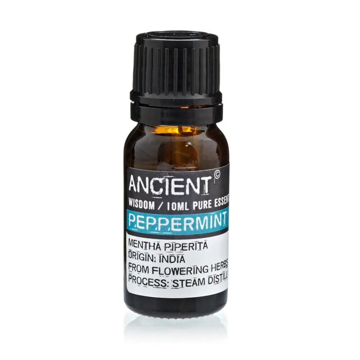 A small amber glass bottle with black cap labeled ancient wisdom peppermint essential oil 10ml