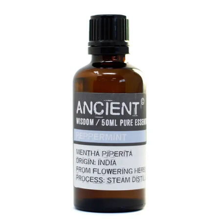 A 50ml amber glass bottle of peppermint essential oil from india with a black cap and allergen declarations label