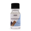 A clear glass bottle of ancient wisdom peppermint fragrance oil with black cap and minimalist label in light blue and brown tones