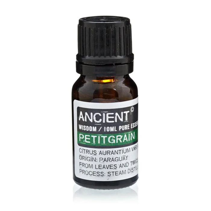 A small amber glass bottle with black cap and white label green text containing 10ml petitgrain essential oil