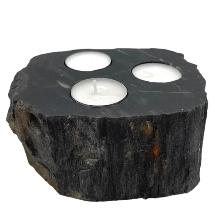 Dark rustic petrified wood tealight holder with three circular indentations holding white candles