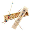 A set of wooden pick up sticks with red blue and yellow painted bands for the pick up sticks game